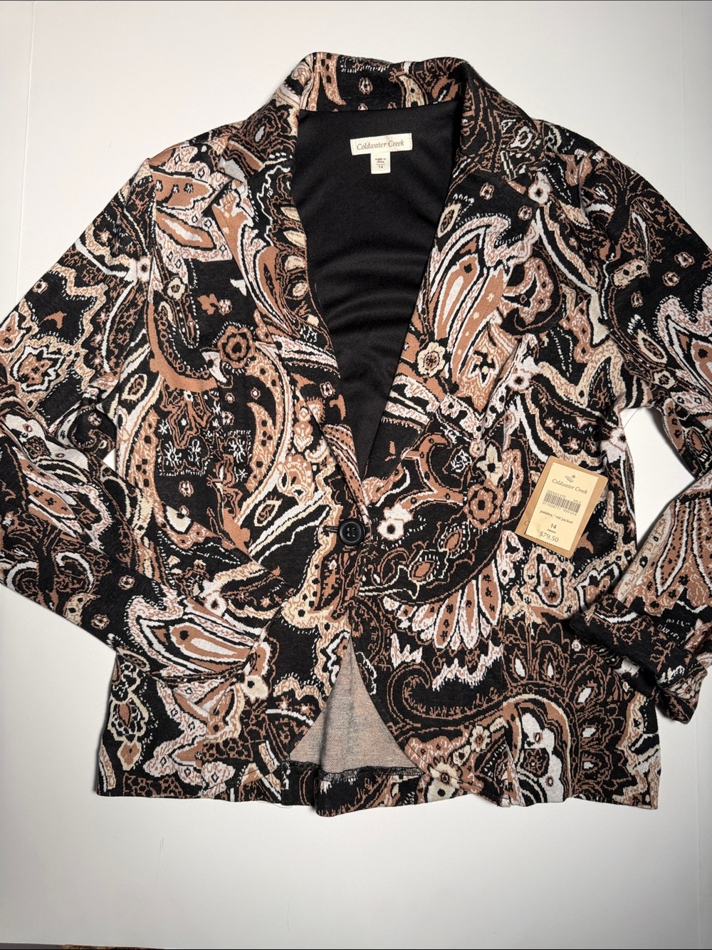NWT Coldwater Creek Black & Brown Paisley Soft Knit Blazer Jacket 14 fall office